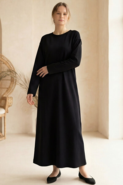 Betimoda Women's Long Sleeve Crew Neck Modal Fabric Midi Dress Black