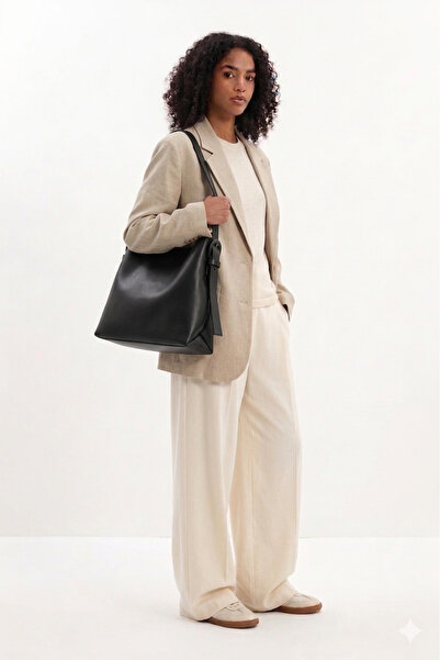 H&D COLLECTİON Μαύρη τσάντα shopper μεγάλου μεγέθους με μαλακό δέρμα μέσα, κο...