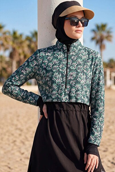 Haşema Esila Green Floral Patterned 5 Piece Full Hijab Swimsuit Set 2934