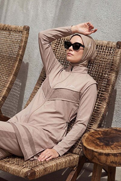 Haşema Mesh Detailed Mink 5 Piece Full Hijab Swimsuit Set 2853