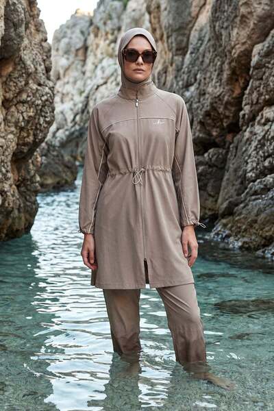 Haşema Cream Piped Mink 6 Piece Full Hijab Swimsuit Set 5013