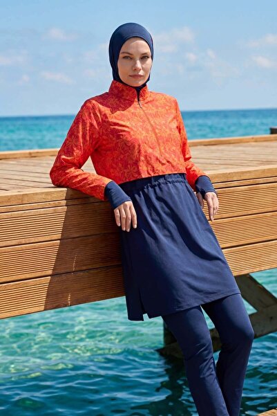 Haşema Esila Orange Floral Patterned 5 Piece Full Hijab Swimsuit Set 2934