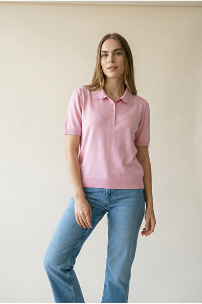 Shophia Γυναικείο πλεκτό μπλουζάκι με κοντό μανίκι με λαιμόκοψη πόλο