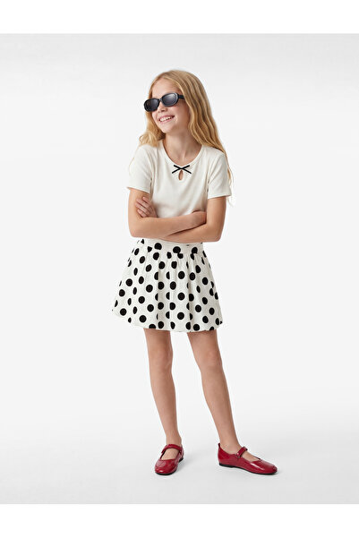 Koton Ribbed Knit Cotton Short Sleeve Crew Neck Bow T-Shirt