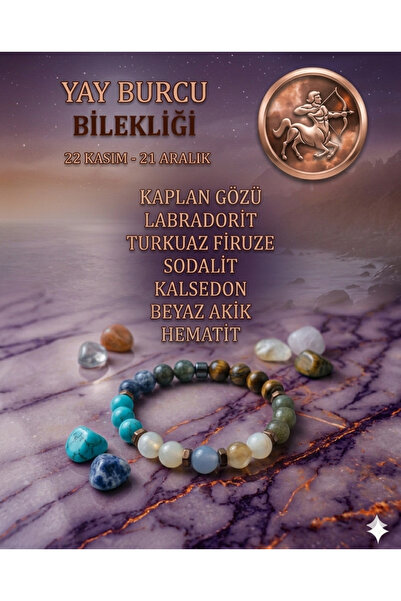 Tasarım Yay Burcu Bilekliği - Sertifikalı - Kaplan Gözü, Labradorit, Turkuaz ...