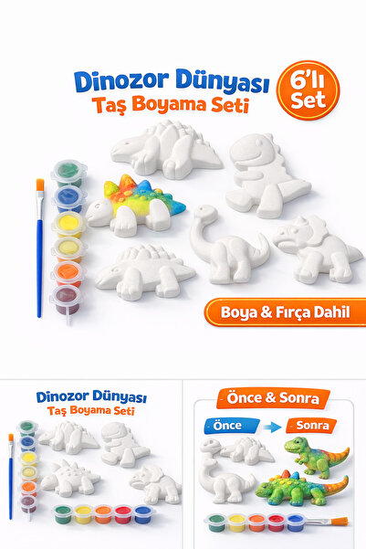 ART CLUB STUDIO Dinozor Dünyası Taş Boyama Seti – 6’lı Dino Figür + Boya & Fı...