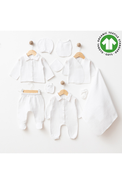 tinibud GOTS Sertifikalı Beyaz %100 Organik Pamuk Müslin Yenidoğan Hastane Çı...