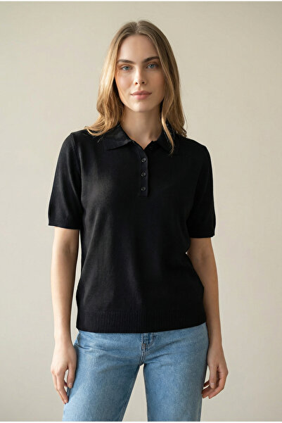 Shophia Γυναικείο πλεκτό μπλουζάκι με κοντό μανίκι με λαιμόκοψη πόλο