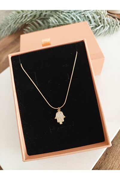 LUCKY ACCESSORIES Çelik Gold Zincir Zirkon Taşlı Fatma Ana Eli Kadın Kolye