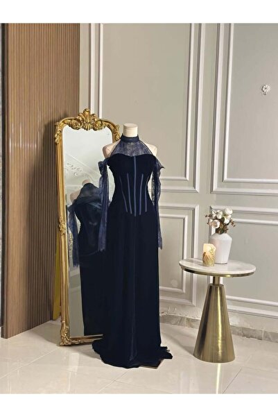 vanus fashion 6782 -فستان مخملي كحلي فخم بلمسة دانتيل