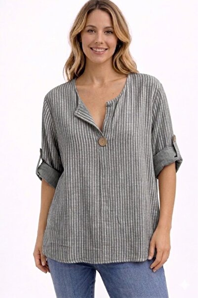 AYASOFYA OTANTIK Γυναικεία Ιταλική Γκρι μπλούζα με Ριγέ 3/4 μανίκια, 100% Βαμ...