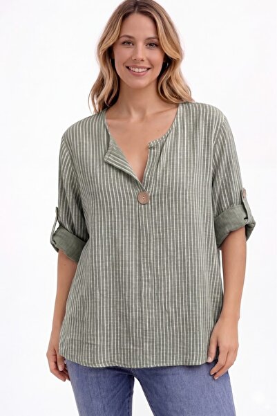 AYASOFYA OTANTIK Γυναικείο ιταλικό χακί ριγέ μανίκι 3/4 Oversize Loose 100% β...