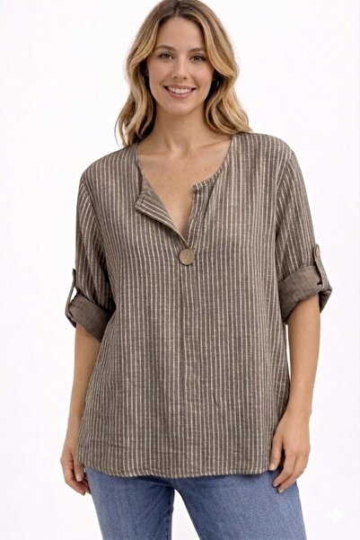 AYASOFYA OTANTIK Γυναικείο ιταλικό βιζόν ριγέ μανίκι 3/4 Oversize Casual 100%...