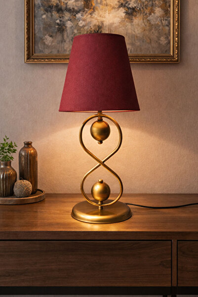 Taşcan Aydınlatma Delhi Eskitme Ayaklı Abajur , Masa Lambası Bordo Şapka Salo...