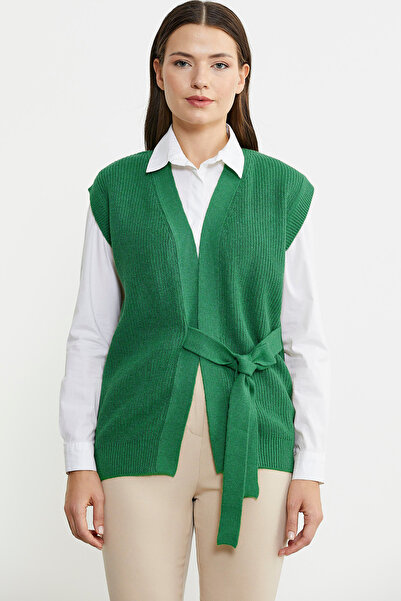 Sementa Vestă din tricotaje de lână - verde cu centură