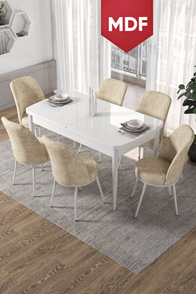 Canisa Concept Kor Serisi, 70x114 Açılabilir MDF Beyaz Yemek Masası Takımı,6 ...