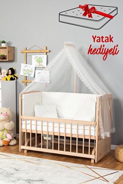 Bamgidoo 60x120 Bebek Beşik Boyasız Doğal Ahşap Anne Yanı Beşik – Güpürlü Org...