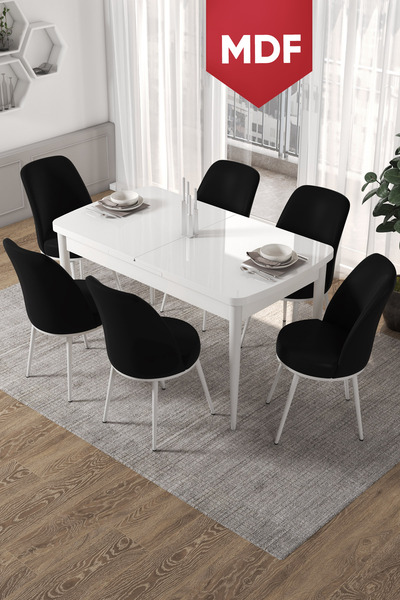Canisa Concept Kor Serisi, 70x114 Açılabilir MDF Beyaz Yemek Masası Takımı,6 ...