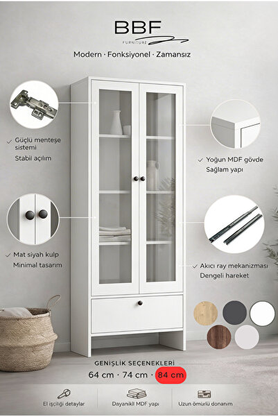 BBF Furniture 84 cm Cam Kapaklı Vitrin ve Kitaplık – 5 Raflı, Çekmeceli, Çok ...