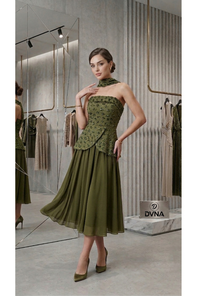 DVNA Dvna Midi Evening Dress in Olive Chiffon Pleated - Crochet Bodice with S...