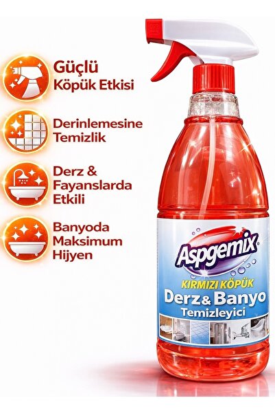 aspgemix Kırmızı Köpük Derz Banyo Fayans arası Temizleyici 1 Lt. – Küf, Sarar...