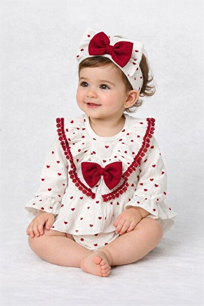 ENİA BABY Kız Bebek Kalp Desenli Bandana Aksesuarlı Çıtçıtlı Badi Elbise
