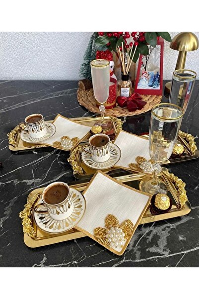 Elzemm store PARLAK GOLD 6 ADET DİKDÖRTGEN KULPLU MODEL SERVİS VE SUNUM TEPSİSİ