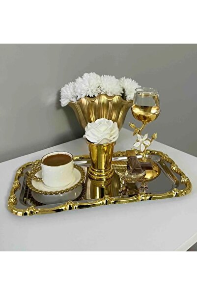 Elzemm store ÇELİK BÜYÜK BATON GOLD ÇERÇEVELİ 1 ADET SERVİS TEPSİSİ 17*33 CM