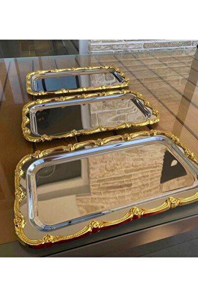 Elzemm store 3 ADET ÇELİK BÜYÜK DİKDÖRTGEN MODEL GOLD ÇERÇEVELİ SERVİS TEPSİS...