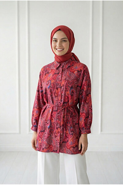 BENAHOLL Κοντό πουκάμισο με κορδόνια με έθνικ σχέδιο Lamyla-PE266 Βουργουνδία