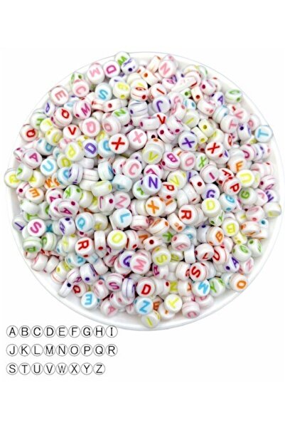 Hedef Bijuteri 50gr Harf Boncuk, 4x7mm Yassı Beyaz Üzeri Renkli Harf Boncuk (...
