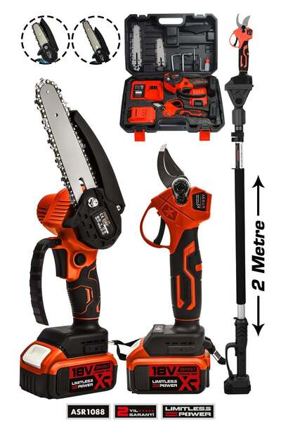 ASSUR Profesyonel 2'li Set 18V Çift Akülü Teleskopik Kollu Bağ Makası ve Buda...