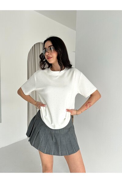 Elaxi Women's Crew Neck Short Sleeve Stone Detailed Shiny T-Shirt