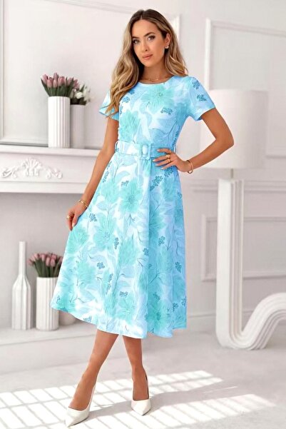 FashionForYou Νάγιλα Καλοκαιρινό Φόρεμα, με πιέτες και φλοράλ σχέδιο, Γαλάζιο...