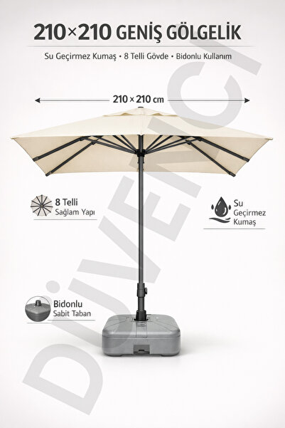 Düvenci Alubrella Krem Güneş Şemsiyesi Kare, 210/210 8 telli, Su Geçirmez Kum...