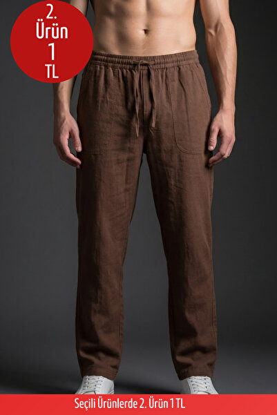 COMBİNE MİCHAİL بنطلون رجالي فضفاض قصة ساق واسعة بني كتان