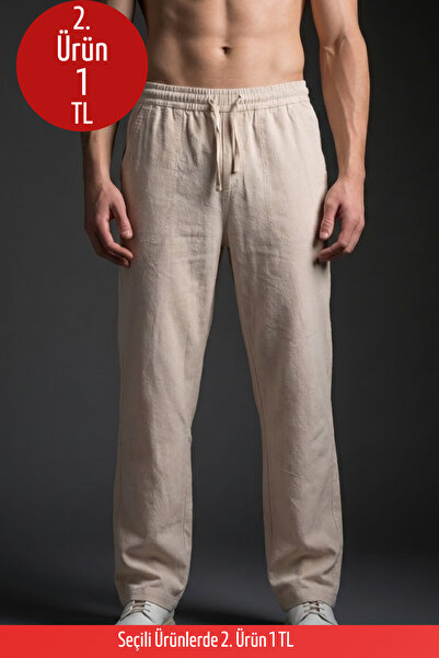 COMBİNE MİCHAİL بنطلون رجالي فضفاض قصة ساق واسعة بيج كتان