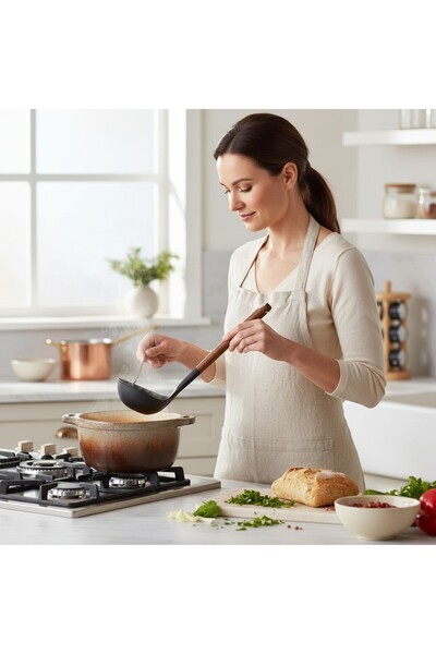 B&D Premium Kitchen Ladle Spoon with Wooden Handle, Black Nylon Scoop, Long C...