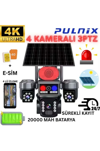 Pulnix SOLAR 4G KAMERA E-SİM PLX-7006 İPC 4 KAMERALI 3 PTZ’Lİ HİEASY (3 PTZİ)