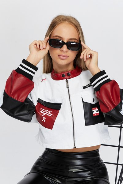 Black Level Women Oversize Denim Jacket Sleeves Leather Garnished Zippered Biker Coat Printed Racer College Jacket