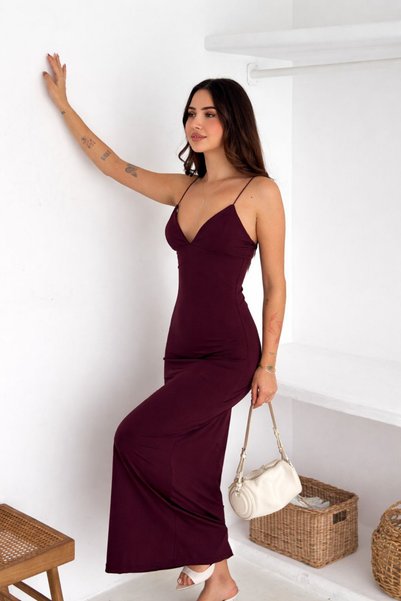 mielva Women's Plum Rope Strap V-Neck Maxi Length Dress
