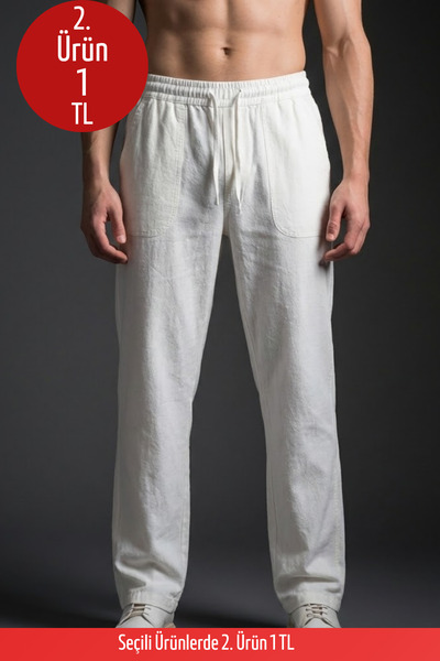 COMBİNE MİCHAİL Erkek Salaş Bol Paça Beyaz Keten Pantolon