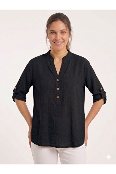 della moor Women's Black Italian Buttoned Judge Collar Folded Short Sleeve Bl...