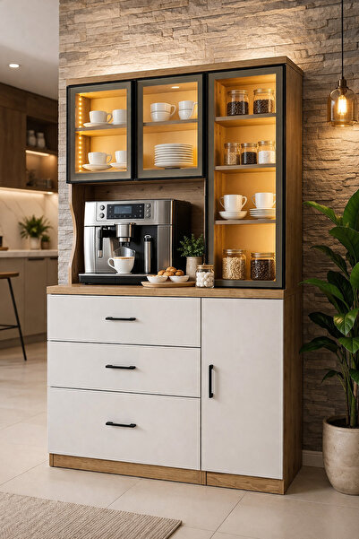 Setay Vitrinli Ünite, Adrea Kahve Köşesi + Çok Amaçlı Raflı Tek Kapaklı Dolap