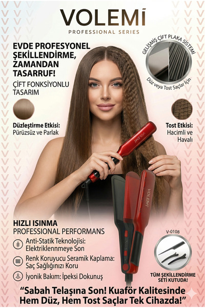 VOLEMİ V-0108 مكواة فرد الشعر + مصفف الشعر على شكل توستر - أداة تصفيف الشعر ا...