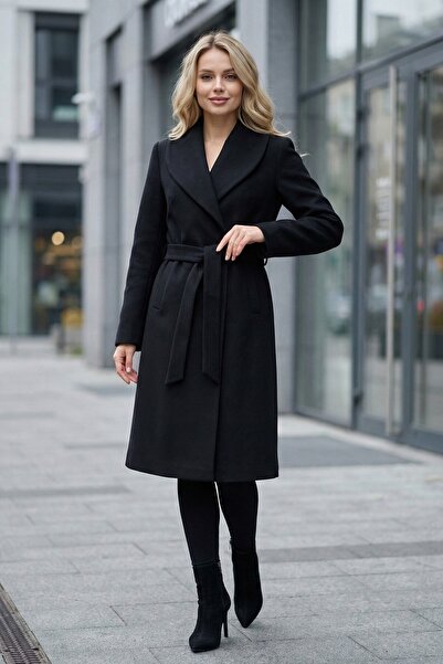FAMODA Belted Knee Length Pockets Embroidered Women's Coat Black
