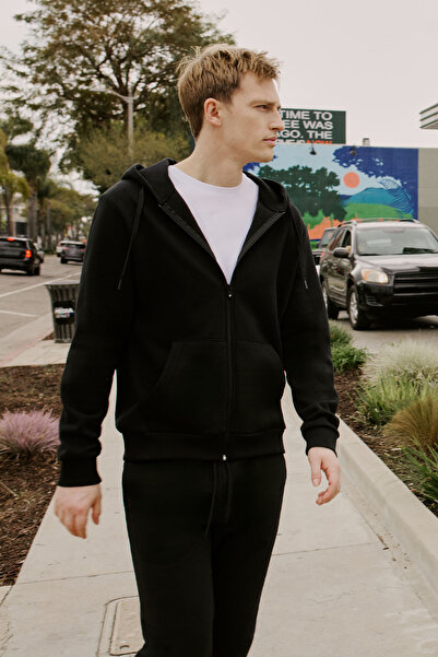 AC&Co / Altınyıldız Classics Pánská mikinová bunda s kapucí a zipem v černém ...