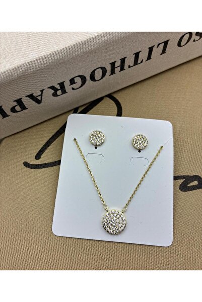 Hedef Bijuteri 14K Gold Renk Zirkon Taşlı Yuvarlak Model Kolye Küpe Seti