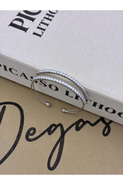 Hedef Bijuteri Silver Color Adjustable Two Rows of Zircon Stone Bracelet