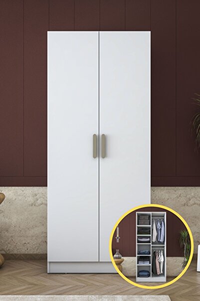 Rani Mobilya Rani BA171 Gardırop 2 Kapaklı 6 Raflı 2 Askılı Elbise Dolabı Beyaz